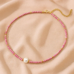 Яркие бусы из розового бисера с жемчужиной J10753CJJ