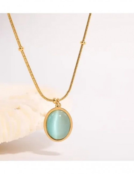 Стальная цепочка с напылением золотом с овальным кулоном и зеленой вставкой J10081CJJ Стальная цепочка с напылением золотом с овальным кулоном и зеленой вставкой J10081CJJ