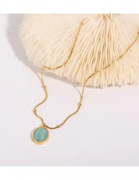 Стальная цепочка с напылением золотом с овальным кулоном и зеленой вставкой J10081CJJ Стальная цепочка с напылением золотом с овальным кулоном и зеленой вставкой J10081CJJ