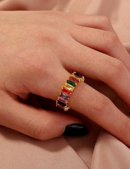 Кольцо дорожка с разноцветными кристаллами огранки багет P70478MSK