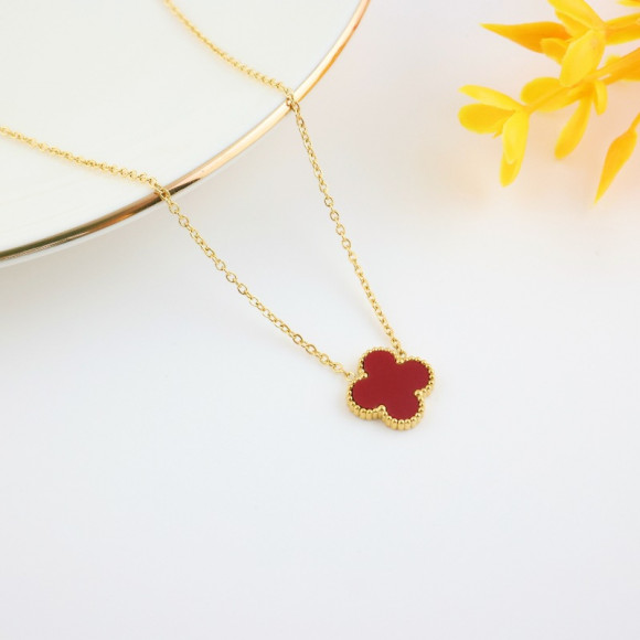 Стальная цепочка с напылением золотом, кулон клевер красный J10294CJJ