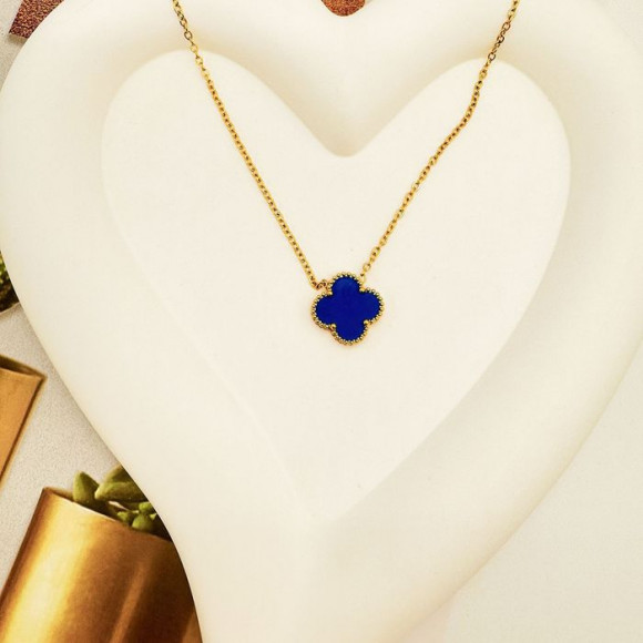 Стальная цепочка с напылением золотом, кулон клевер синий J10296CJJ Стальная цепочка с напылением золотом, кулон клевер синий J10296CJJ