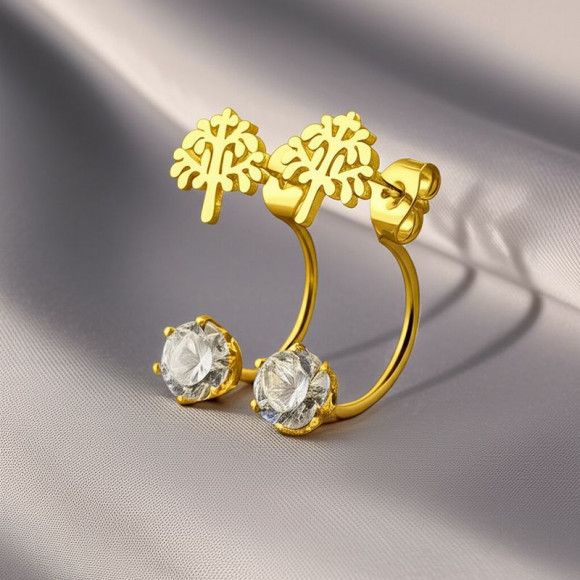 Золотистые стальные серьги-джекеты в форме деревьев с кристаллами 1J10347CJJ Золотистые стальные серьги-джекеты в форме деревьев с кристаллами 1J10347CJJ
