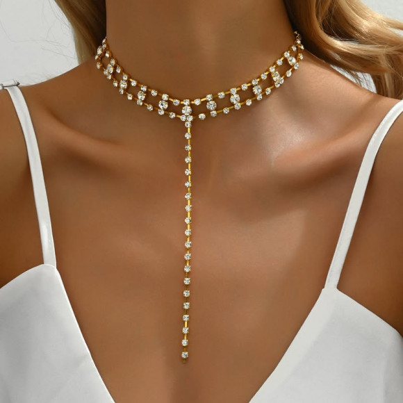 Золотистое ажурное колье-воротник с кристаллами 1J11634CJJ