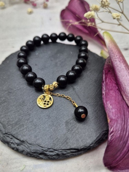 Браслет матовый обсидиан с золотым талисманом J11055CJJ
