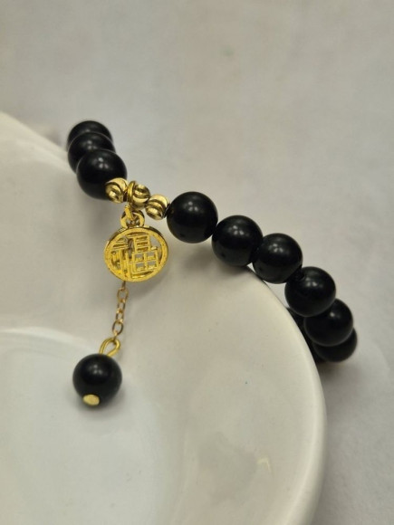 Браслет матовый обсидиан с золотым талисманом J11055CJJ