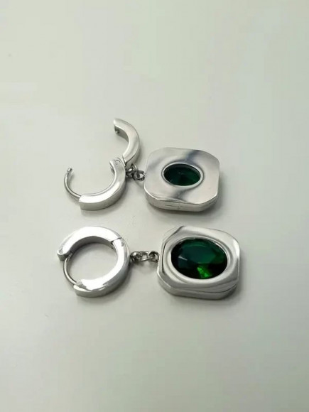 Стальные серьги-подвески с квадратными вставками под изумруд J10229CJJ Стальные серьги-подвески с квадратными вставками под изумруд J10229CJJ