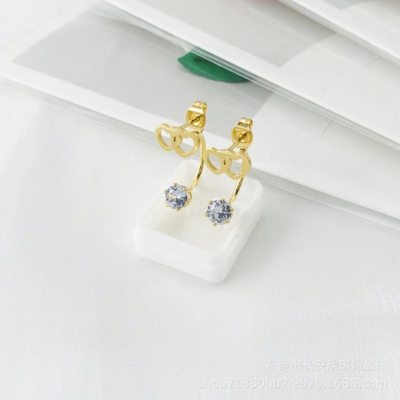 Золотистые серьги-джекеты из стали с двойными сердцами и фианитами 1J10358CJJ