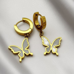 Золотистые серьги-кольца с крупными подвесками-бабочками J10228CJJ Золотистые серьги-кольца с крупными подвесками-бабочками J10228CJJ