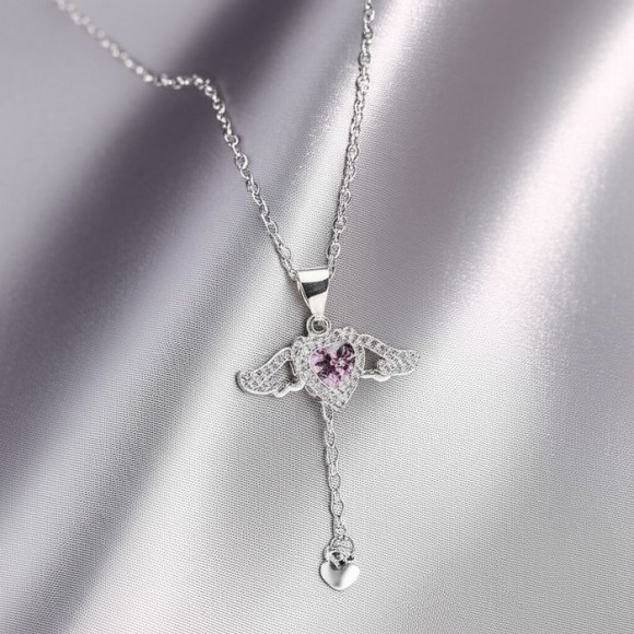 Воздушное колье-галстук с розовым сердцем и кристаллом J10980CJJ