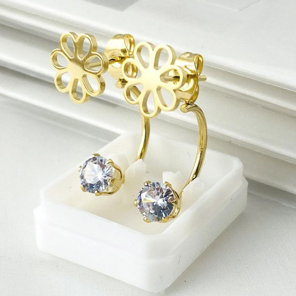 Золотистые стальные серьги-джекеты в форме цветов с кристаллами 1J10359CJJ