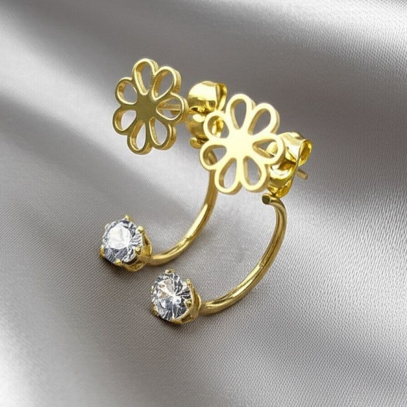 Золотистые стальные серьги-джекеты в форме цветов с кристаллами 1J10359CJJ