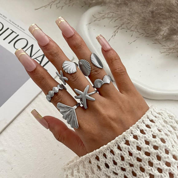 Сет серебристых колец в морском и готическом стиле 1J11856CJJ Сет серебристых колец в морском и готическом стиле 1J11856CJJ