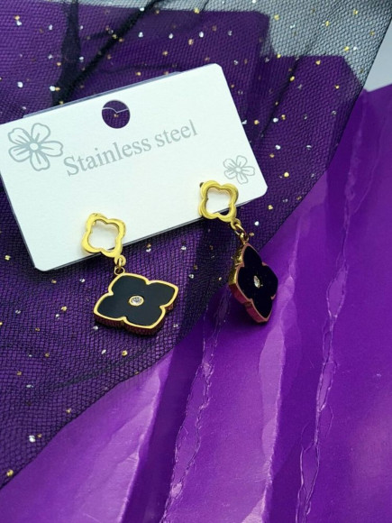 Стальные висячие серьги Клевер удачи с черной эмалью 1J10204CJJ