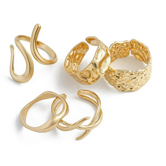 Набор золотистых колец с плетением и фактурными линиями 1J11859CJJ