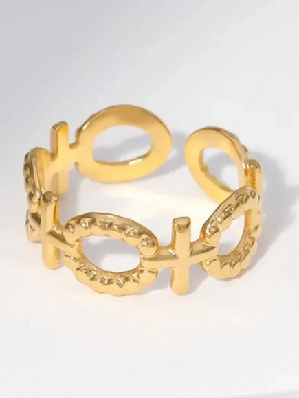 Золотистое разомкнутое кольцо с ажурными кругами и камнями R61673MSK