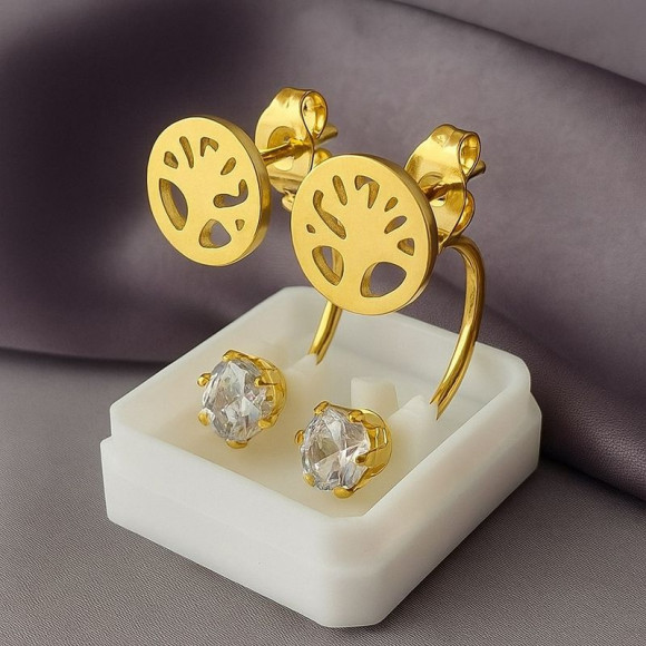 Золотистые стальные серьги-джекеты Дерево Жизни с фианитами 1J10367CJJ Золотистые стальные серьги-джекеты Дерево Жизни с фианитами 1J10367CJJ