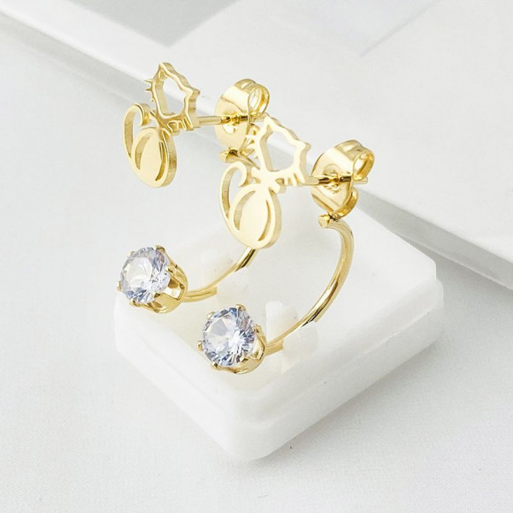 Золотистые серьги-джекеты из стали с ажурными бабочками и камнями 1J10368CJJ