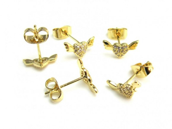 Серьги-пусеты Золотые сердца с крыльями и сияющим паве 1J11012CJJ