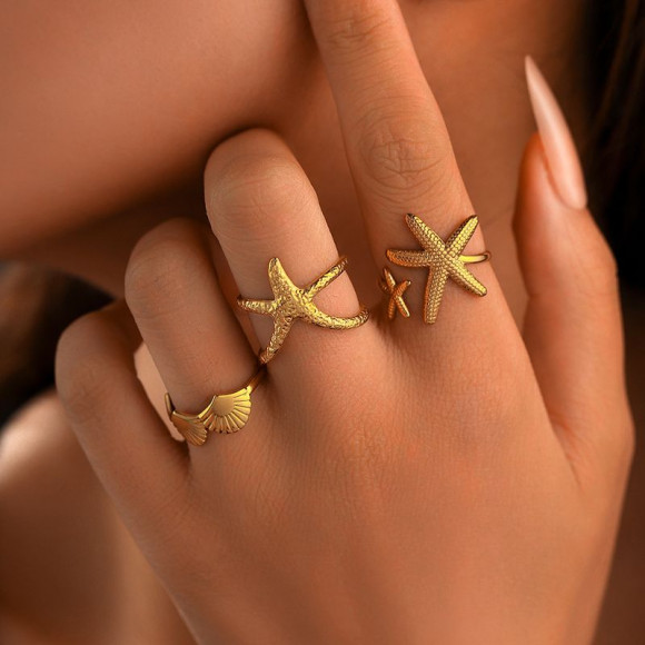 Кольцо медицинская сталь с напылением золотом морская звезда 1J12031CJJ Кольцо медицинская сталь с напылением золотом морская звезда 1J12031CJJ