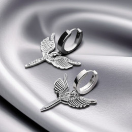 Стальные серьги-кольца с подвесками в виде летящих ласточек J10214CJJ