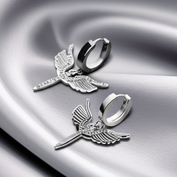 Стальные серьги-кольца с подвесками в виде летящих ласточек J10214CJJ