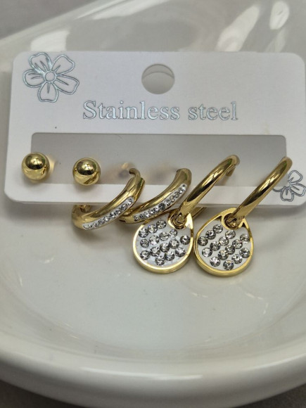 Набор золотистых стальных серег с кристальными дисками J11497CJJ