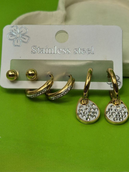 Набор золотистых стальных серег с кристальными дисками J11497CJJ