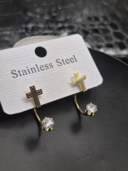 Золотистые стальные серьги-джекеты с объемными крестиками и стразами 1J10380CJJ Золотистые стальные серьги-джекеты с объемными крестиками и стразами 1J10380CJJ
