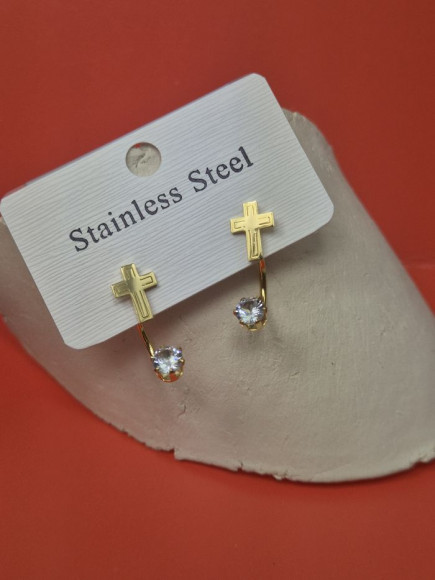 Золотистые стальные серьги-джекеты с объемными крестиками и стразами 1J10380CJJ Золотистые стальные серьги-джекеты с объемными крестиками и стразами 1J10380CJJ