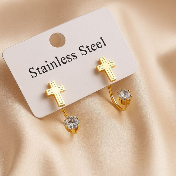 Золотистые стальные серьги-джекеты с объемными крестиками и стразами 1J10380CJJ Золотистые стальные серьги-джекеты с объемными крестиками и стразами 1J10380CJJ