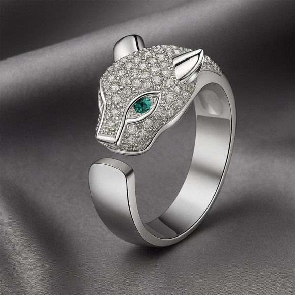 Кольцо голова леопарда с россыпью и зелеными глазами 1J12063CJJ