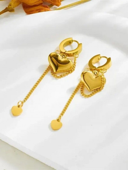 Серьги-гвоздики висячие стальные с напылением золотом сердца J10145CJJ
