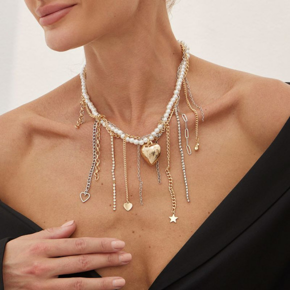 Колье ювелирный сплав жемчуг кулон сердце  1J12211CJJ