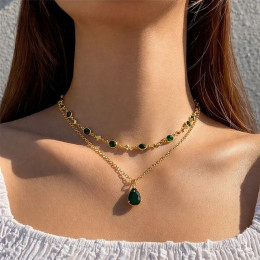 Двойное золотистое колье с зелеными подвесками 1J12442CJJ Двойное золотистое колье с зелеными подвесками 1J12442CJJ