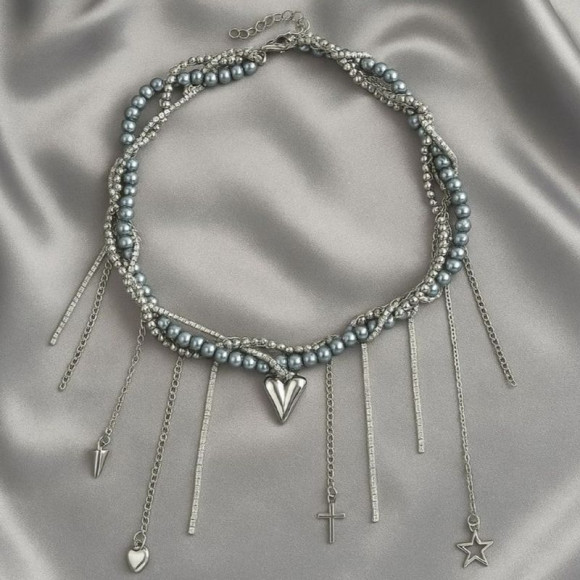 Жемчужное колье с бахромой и подвеской-сердцем 1J12212CJJ Жемчужное колье с бахромой и подвеской-сердцем 1J12212CJJ