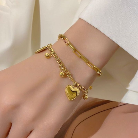 Браслет титановая сталь напыление золотом сердце 1J12138CJJ