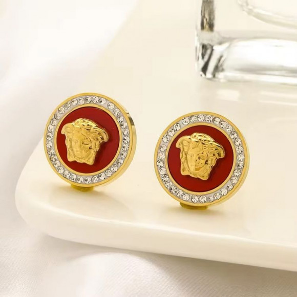 Золотистые стальные серьги-пусеты Медуза с красной эмалью и фианитами 1J11276CJJ