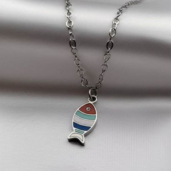 Цепочка с подвеской в форме рыбки с полосками из эмали J10569CJJ Цепочка с подвеской в форме рыбки с полосками из эмали J10569CJJ
