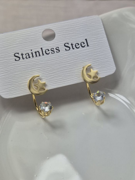 Золотистые стальные серьги-джекеты Луна и звезда с кристаллами 1J11516CJJ