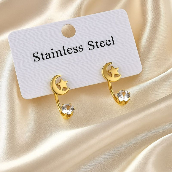 Золотистые стальные серьги-джекеты Луна и звезда с кристаллами 1J11516CJJ
