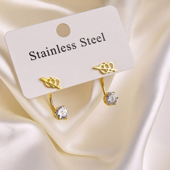 Золотистые стальные серьги-джекеты Крылья ангела с камнями 1J11521CJJ