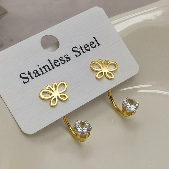 Золотистые стальные серьги-джекеты с бабочками и стразами 1J11526СJJ